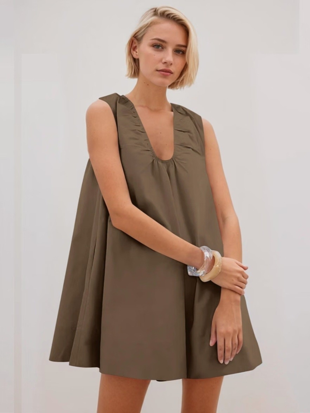 Scoop Neck Loose Fit Tank Dresses Party Ruched Short Dress witn Pockets